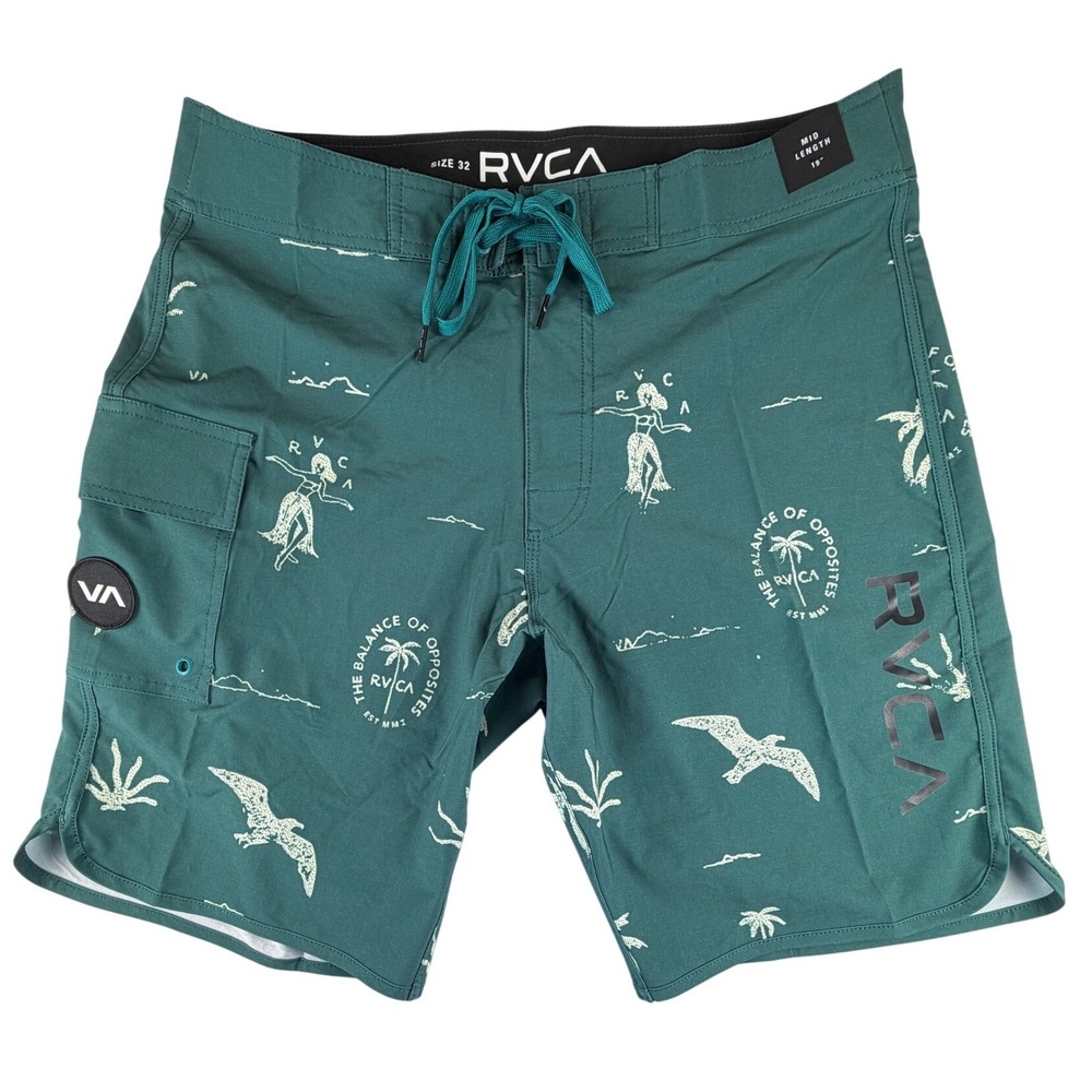 RVCA Mens Board Shorts Size 32 Teal Green Tropical Hula Palm Tree Swim Trunks